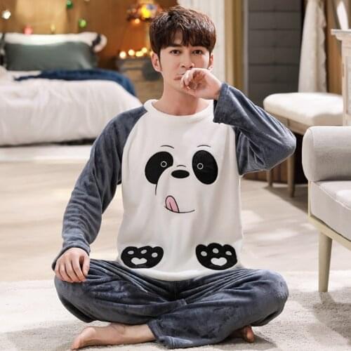 2021 Winter Mens Cartoon Flange Pajama 2 Piece Set Plus Velvet Warm Sleepwear Long Sleeve Loose O-Neck Homewear Large Size Sets