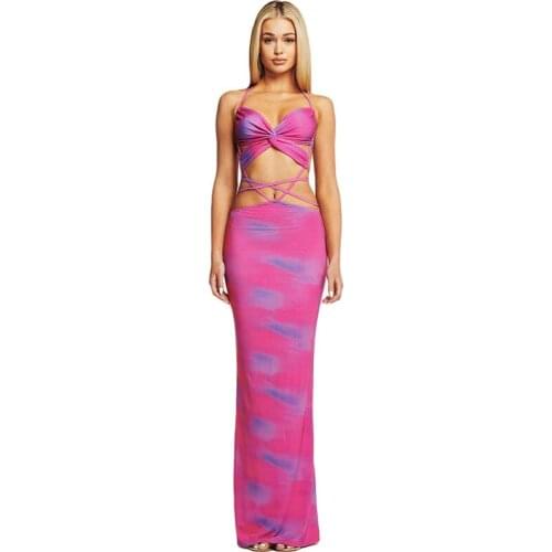 TYJTJY Fashion Print Halter Straps Bandage Sexy Backless Maxi Dress Elegant Skinny Sleeveless Night Club Party Dresses