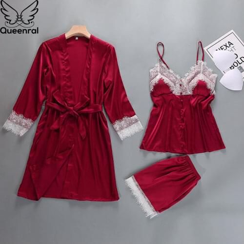 Queenral 3PCS Pajama Sets Womens Sleep Lounge Sleepwear Spring Sexy V-neck Nightwear Satin Silk Long Sleeve Home Wear Female