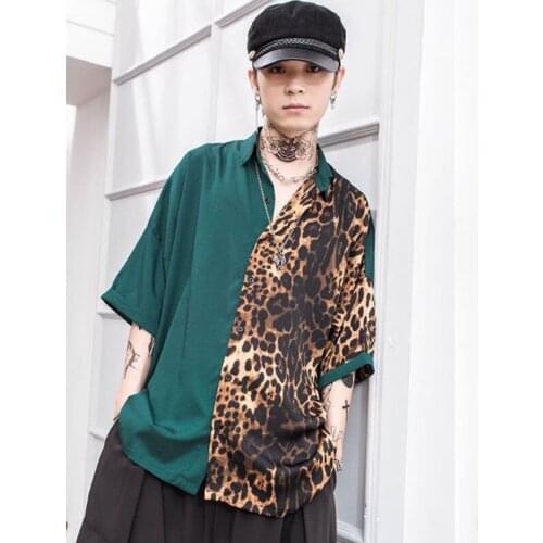 Leopard shirt male short-sleeved loose personality stitching five-point sleeve top tide bat shirt summer trend mid-sleeved shirt