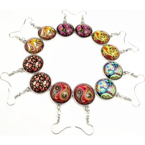 Jiangzimei 24pairs cashew Bandana Paisley retro Bohemia black wood Glass earrings; ear pendants for girl women