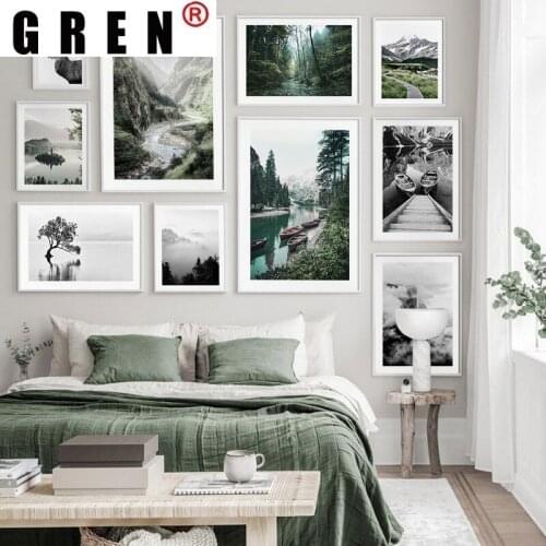 GREN Modern Living Home Decor Nature Landscape Mountain River Boat Quiet Relax Canvas Painting Wall Art Print Poster Picture