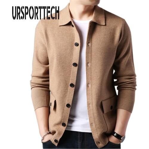 URSPORTTECH Men Cardigan Sweater Streetwear Fashion Sweater Coat Men Autumn Winter Warm Cashmere Woolen Cardigan Men With Pocket