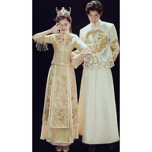 High quality Chinese Wedding Dress Female Cheongsam Champagne Slim Chinese Traditional Women Qipao for Wedding Party