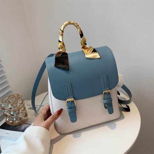High Quality Leather Backpack with Detachable Shoulder Strap Women Fashion Handbag Stitching Color Travel Shoulder Bag for Girls