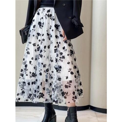 Women Elegant Beach Skirts Summer Elastic High Waist Floral Printing Layered Mesh Tulle Midi Skirt Casual Party Pleated Bottoms