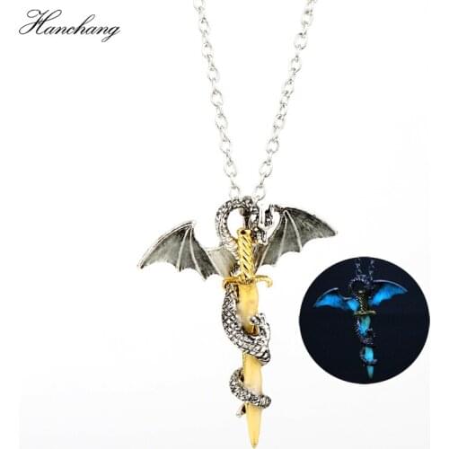 HANCHANG Jewelry Dragon Cross Punk Luminous Necklace Pterosaur Sword Men Necklace Punk Jewelry Glow in Dark Gift For Boy