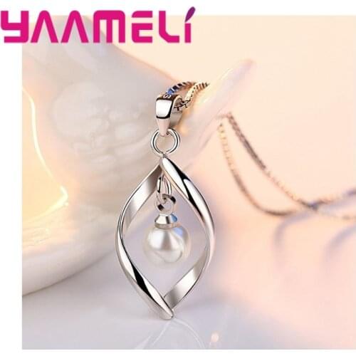 Women Fashion Leaf and Big Pearl Pendant Necklace 925 Sterling Silver Female Trendy Linked Chain For Sale