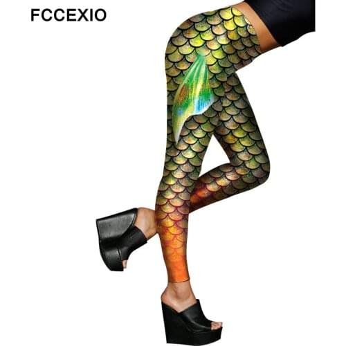 FCCEXIO Female Sexy Ombre Green Shiny Mermaid Wings Leggings 2019 Fish Scale with Tail Fins Printed Stretch Fitness Leggings