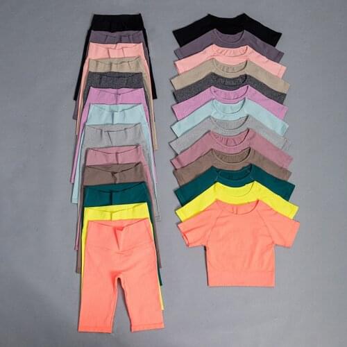 2Pcs Seamless Yoga Set Women Sports Suit Short Sleeve Crop Top High Waist Shorts Gym Clothes Gym Suit Fitness Sets Woman