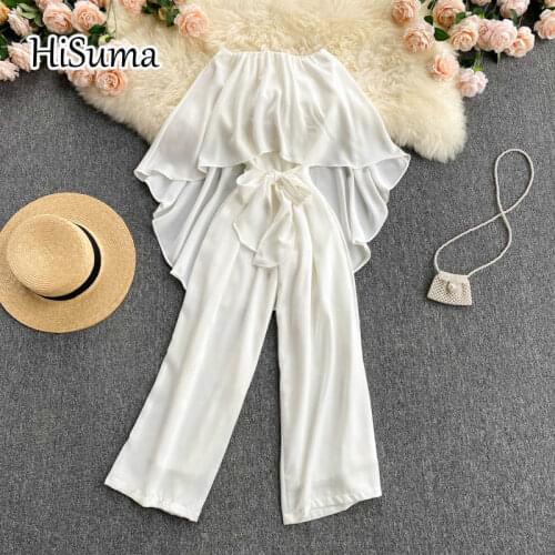 2021 Summer New Women ruffles Chiffon tube Jumpsuit Female Deep slash Neck lace-up waist Wide leg Bodysuit Jumpsuits