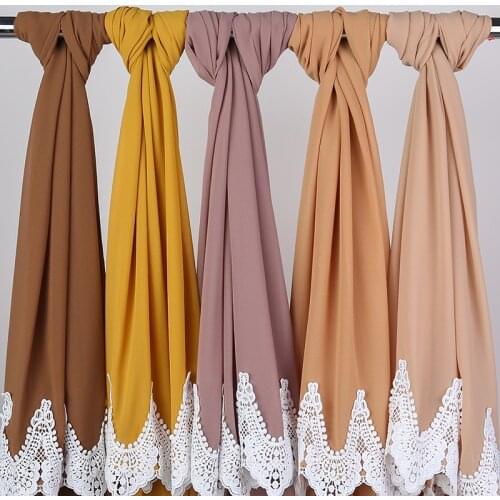 2020 Design Bubble Pearl Chiffon Scarf Hijab Woman Embroidered Lace Ladies Muslim Plaid Bandana Shawl Fashion Headband 175*75cm