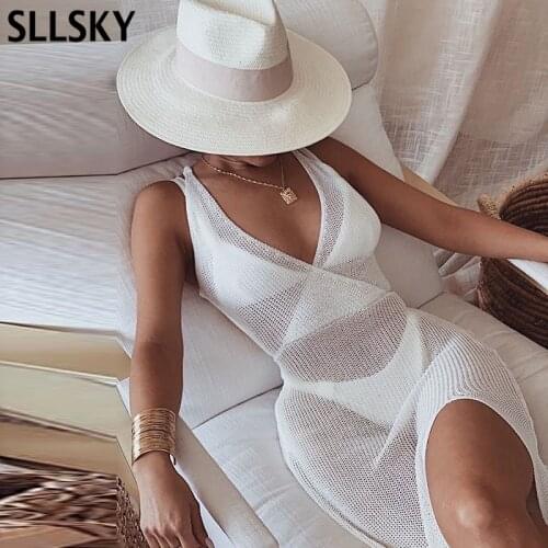 SLLSKY Crochet Beach Maxi Dress For Women Summer See Through Sexy Plunge Backless Bandage Sleeveless Lacing Split Long Dresses
