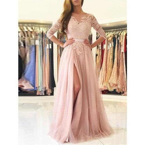 2019 New Robe De Soiree 3/4 Length Sleeves A-Line Bateau Appliques Split Evening Dresses Bride Banquet Elegant Prom Party Gowns