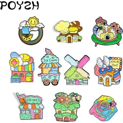 Happy toys paradise Enamel Pin florist Bakery house Barber Shop Ice cream truck hospital Drinks Brooches Rainbow sailboat Badge
