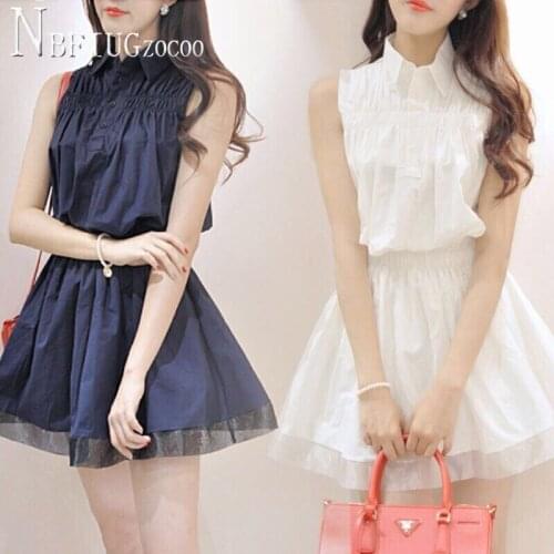 2020 Summer Korean Sweet Women Dress Sleeveless Lapel Female Dresses