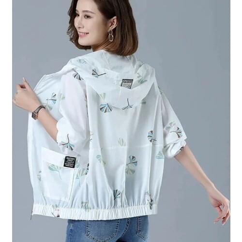 2021 New Womens Hooded Jackets Thin Coat Causal Flowers Windbreaker Famale Basic Coats Zipper Lightweight Jackets Plus Size 5XL