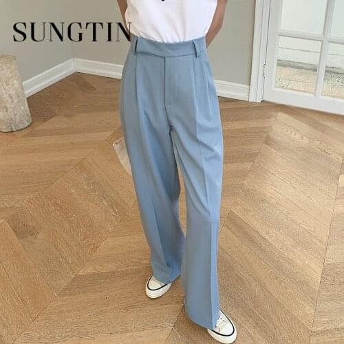 Sungtin Black Wide Leg Pants Women Loose High Waist Vintage Casual Full Length Korean Chic Straight Office Lady Trousers Female