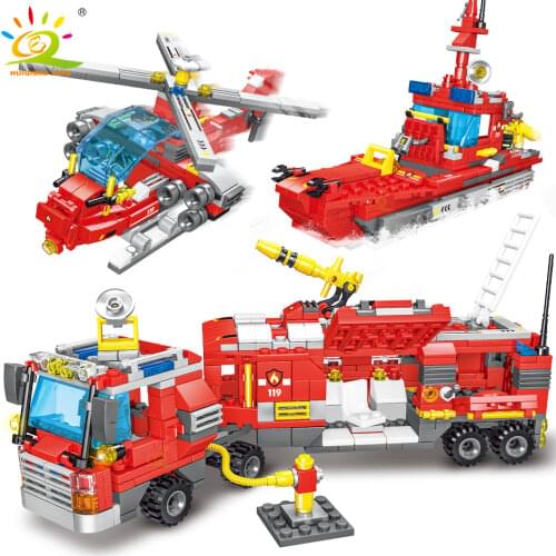 HUIQIBAO TOYS 678pcs Fire Trucks 8in1 Building Blocks Car Helicopter Boat set 8 Firefighter Figures City Bricks Children kid Toy