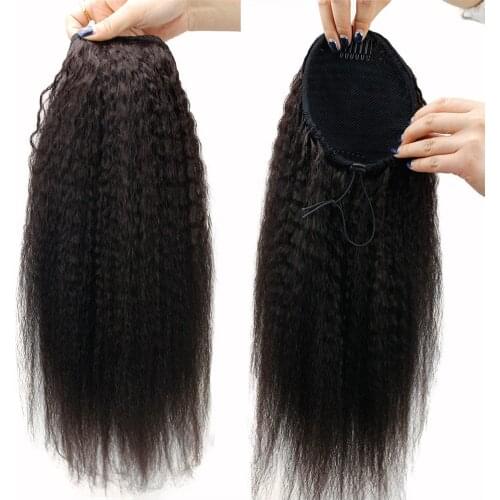 Eseewigs Kinky Straight Human Hair Ponytail Extensions Clip In Brazilian Remy Hair Bun Drawstring Natural Color 22" for Women