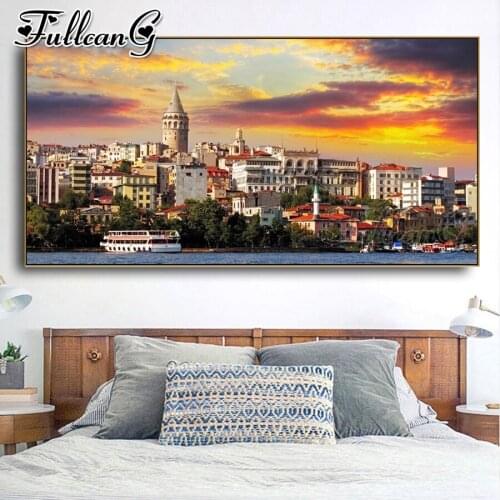 FULLCANG Town house scenery large diamond painting 5d diy full square round drill mosaic embroidery sale home decoration FC2872