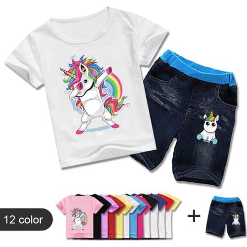Summer Baby Boys Clothes Sets Cartoon Unicorn Princess Print Children Top Girls Short Sleeve T Shirts+Jeans Shorts 2PCS Suits