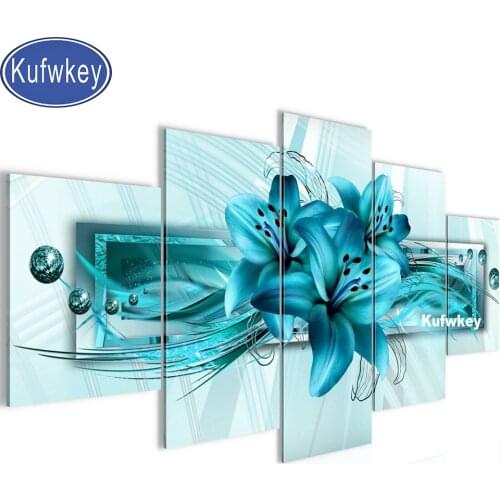 5 Panel 5d Diy Diamond painting Green Lily mosaic Diamond blossom picture Full Square/round 5d lily diamond Embroidery home deco