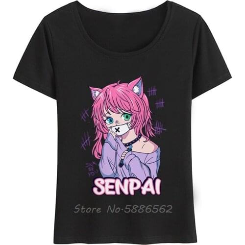 Kawaii Pastel Goth Neko Menhera Funny Anime Senpai T Shirt Women Summer Casual Short Sleeve Tshirt Femme Kawaii Streetwear