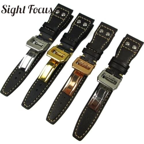 22mm Rivets Studded Leather Watch Strap for IWC Big Pilot Mark Plain with Nail Folding Clasp Watch Band Black Coffee Watchbands