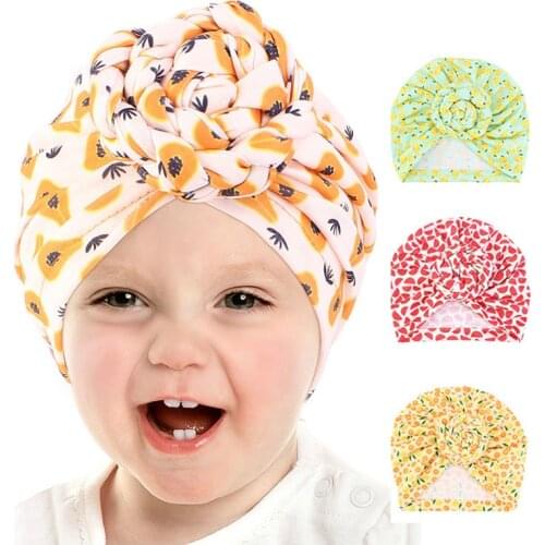 2021 New Baby Accessories Hat Soft Baby Girl Boy Fruit Printed Knotted Turban Infant Props Caps Headwrap Headscarf Beanies