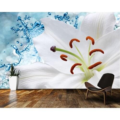 Papel de parede White lily under water splash background flower wallpaper,living room bedroom mural wall papers home decor