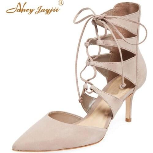 Nude Cross-Tied Stilettos Pumps Woman High Thin Heels Pointed Toe Lace Up Ankle Strap Large Size 35 38 Ladies Shoes Fashion 2019