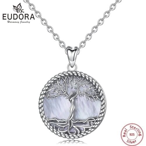 EUDORA 925 Sterling Silver Tree of Life Pendant Tree Leaf & Goddess Mother of Pearl Necklace Vintage Jewelry with Box D475MB