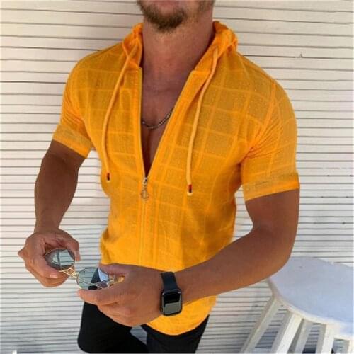 Men Summer Zipper Hooded Short Sleeve Casual Shirts Hombre Fashion Sports Coat Shirt Homme Slim Fit Hawaiian Pure Color Clothing