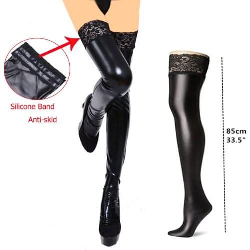 Sexy Women Pu Leather Long Boot Over Knee Thigh-high Stockings with Lace and Silicone Band Anti-skid Fetish Exotic Club Costumes