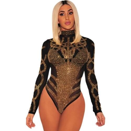 Sexy Women Lace Bodysuit Jumpsuits Woman Summer CHEAPEST Ladies Rompers Playsuits F0042 Long sleeve with Rhinestones 2 Colors