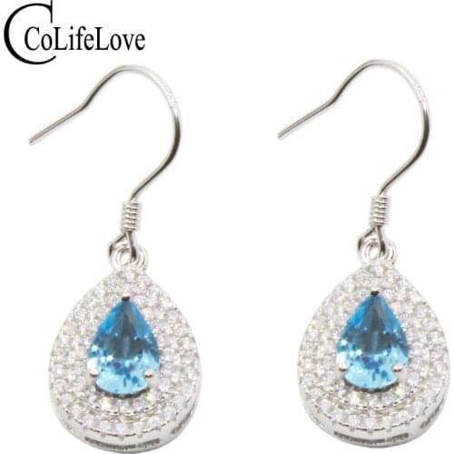 Solid 925 silver topaz drop earrings for party 5 mm *7 mm natural light blue topaz earrings Fashion topaz jewelry gift for woman