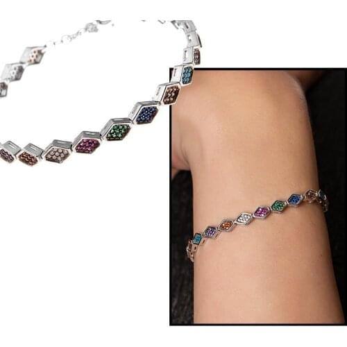 Tesbihane Hexagonal Design Multicolor Zircon Cubic Zirconia Full Tour 925 Sterling Silver Women Bracelet