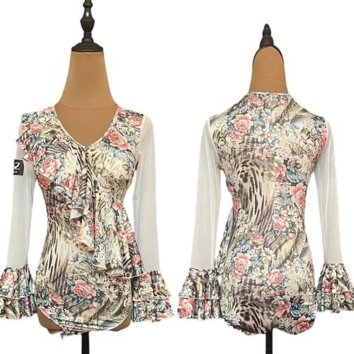 Floral Latin Dance Tops Women Mesh Tap Dance Outfit Designer Clothes Salsa Dancing Outfit Stage Costume Tango Dancewear JL2878