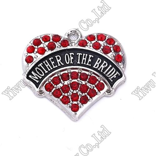 High Quality New Arrival 20 pcs a lot rhodium plated MOTHER OF THE BRIDE with red/pink/blue/white crystal heart pendant