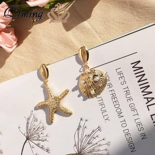 QIMING Pearl Starfish Star Womens Earring Sea Conch Shell Beach Summer Jewelry Dangle Earrings Birthday Gifts Gold Earring