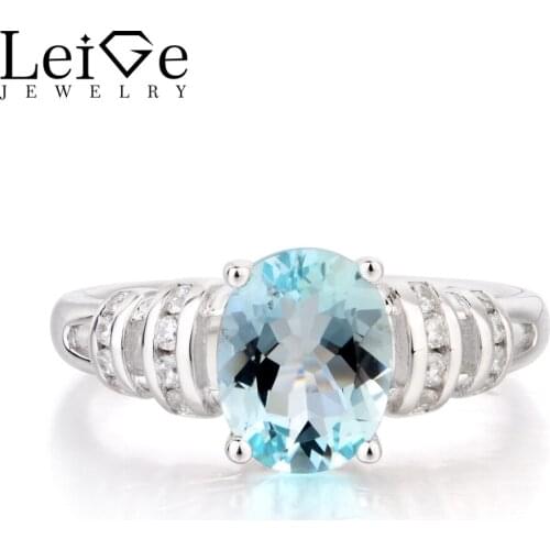 Leige Jewelry Wedding Ring Natural Aquamarine Ring March Birthstone Oval Cut Blue Gemstone 925 Sterling Silver Rings for Women