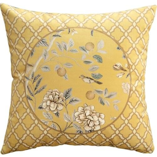 Golden Pillow Covers Soft Velvet Chinese Paintting Flower Bird Decorative Cushion Covers For Sofa Bedroom Square 18 x 18 Inches