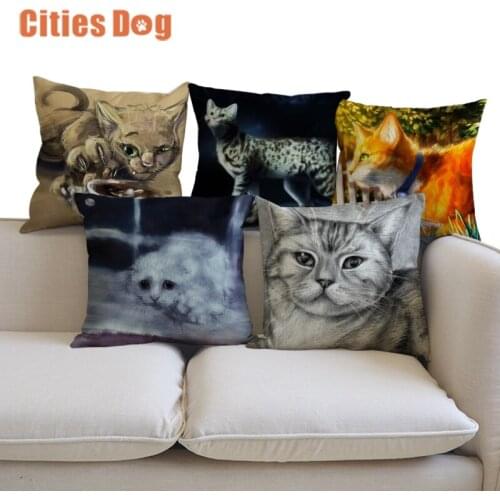 Cat animal Cushion Cover 45x45cm Cotton Linen Art painting Animals Cats Home Decorative Pillow Cover for Sofa Car Bedroom