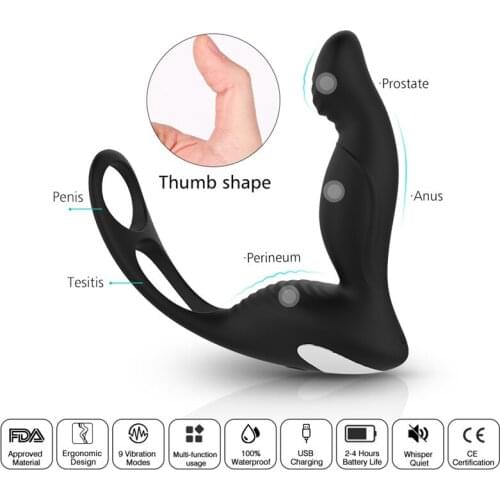 9 Speeds USB Rechargeable Male Prostate Massage with Ring Anal Vibrator Silicon Sex Toy for Men Penis Training