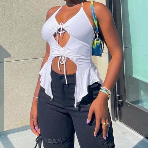 BKLD Summer Fashion Street Style Casual Chic Irregular T-shirt Halter Lace Up Skinny Sexy Womens Outfits Hollow Out Folds Tops