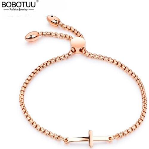 BOBOTUU Simple Student Cross Bracelet Friendship Personalized Lettering Jewelry Birthday Gifts Can Be Adjusted Length BB17097