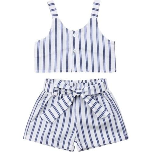 2019 Summer Toddler Baby Girls Kids Sleeveless V-neck Shirt Vest Tops+ Bandage Bowknot Shorts Fashion Striped Outfit Clothes Set