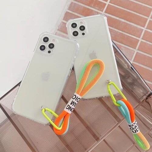 INS Fluorescent Lanyard Transparent Phone Case for iPhone 11 12 Pro Max X XS XR 6 7 8 Plus SE 20 Soft TPU Clear Shockproof Cover