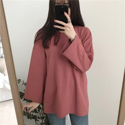 T-shirt Women Long Sleeve Elegant Solid Color Loose Sweet Retro Korean Style Simple Womens T-shirts Fashion Tees Female Clothing